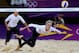 LONDON, ENGLAND - JULY 30: Kerri Walsh Jennings of the United States dives for a shot during the Women's Beach Volleyball Preliminary match between United States and Czech Republic on Day 3 of the London 2012 Olympic Games at Horse Guards Parade on July 30, 2012 in London, England. (Photo by Ryan Pierse/Getty Images)