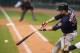 CLEVELAND, OH - JUNE 1: Justin Morneau #33 of the Minnesota Twins hits a single during the first inning against the Cleveland Indians at Progressive Field on June 1, 2012 in Cleveland, Ohio. (Photo by Jason Miller/Getty Images)