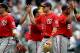 MILWAUKEE, WI - JULY 29: Ryan Zimmerman #11 of the Washington Nationals celebrates after the 11-10 win over the Milwaukee Brewers in 11 innings at Miller Park on July 29, 2012 in Milwaukee, Wisconsin. (Photo by Mike McGinnis/Getty Images)