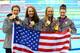 LONDON, ENGLAND - AUGUST 01: (L-R) Allison Schmitt, Dana Vollmer, Shannon Vreeland and Missy Franklin of the United States pose with their medals following the medal ceremony for the Women's 4x200m Freestyle Relay on Day 5 of the London 2012 Olympic Games at the Aquatics Centre on August 1, 2012 in London, England. (Photo by Al Bello/Getty Images)