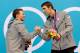 LONDON, ENGLAND - AUGUST 02: Gold medallist Michael Phelps (R) of the United States shakes hands Silver medallist Ryan Lochte of the United States on the podium during the medal ceremony for the Men's 200m Individual Medley final on Day 6 of the London 2012 Olympic Games at the Aquatics Centre on August 2, 2012 in London, England. (Photo by Adam Pretty/Getty Images)