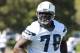 June 19, 2012; San Diego, CA, USA; San Diego Chargers offensive tackle Jared Gaither (78) smiles during a drill during minicamp at Charger Park. Mandatory Credit: Jake Roth-US PRESSWIRE