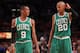 NEW YORK, NY - APRIL 24: (L-R) Rajon Rondo #9 and Ray Allen #20 of the Boston Celtics talk on court against the New York Knicks in Game Four of the Eastern Conference Quarterfinals during the 2011 NBA Playoffs on April 24, 2011 at Madison Square Garden in New York City. NOTE TO USER: User expressly acknowledges and agrees that, by downloading and or using this photograph, User is consenting to the terms and conditions of the Getty Images License Agreement (Photo by Nick Laham/Getty Images)