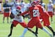 July 27, 2012; St. Joseph, MO, USA; Kansas City Chiefs wide receiver Steve Breaston (15) runs for yardage as safety Eric Berry (29) and cornerback Javier Arenas (21) defend during training camp at Missouri Western State University. Mandatory Credit: Denny Medley-US PRESSWIRE