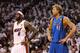 MIAMI, FL - JUNE 12: (L-R) LeBron James #6 of the Miami Heat and Dirk Nowitzki #41 of the Dallas Mavericks look on in Game Six of the 2011 NBA Finals at American Airlines Arena on June 12, 2011 in Miami, Florida. The Mavericks won 105-95. NOTE TO USER: User expressly acknowledges and agrees that, by downloading and/or using this Photograph, user is consenting to the terms and conditions of the Getty Images License Agreement. (Photo by Mike Ehrmann/Getty Images)