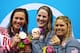 LONDON, ENGLAND - AUGUST 03: Silver medallist Anastasia Zueva of Russia, gold medallist Missy Franklin of the United States and bronze medallist Elizabeth Beisel of the United States pose on the podium during the medal ceremony for the Women's 200m Backstroke Final on Day 7 of the London 2012 Olympic Games at the Aquatics Centre on August 3, 2012 in London, England. (Photo by Al Bello/Getty Images)