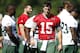 FLORHAM PARK, NJ - MAY 24: Tim Tebow #15 of the New York Jets walks onto the field at an organized team activity at the New York Jets practice facility on May 24, 2012 in Florham Park, New Jersey. (Photo by Jeff Zelevansky/Getty Images)