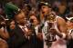 BOSTON - JUNE 17: Paul Pierce #34 of the Boston Celtics answers question from ESPN broadcaster Stuart Scott as Pierce holds the NBA Finals MVP trophy after defeating the Los Angeles Lakers in Game Six of the 2008 NBA Finals on June 17, 2008 at TD Banknorth Garden in Boston, Massachusetts. NOTE TO USER: User expressly acknowledges and agrees that, by downloading and/or using this Photograph, user is consenting to the terms and conditions of the Getty Images License Agreement. (Photo by Elsa/Getty Images)