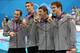 LONDON, ENGLAND - AUGUST 04: Gold medallists (L-R) Brendan Hansen, Matthew Grevers, Michael Phelps and Nathan Adrian of the United States pose following the medal ceremony for the Men's 4x100m Meldey Relay Final on Day 8 of the London 2012 Olympic Games at the Aquatics Centre on August 4, 2012 in London, England. (Photo by Jeff Gross/Getty Images)