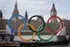 LONDON, ENGLAND - AUGUST 05: Giant Olympic rings float on a barge in the River Thames opposite Parliament on August 5, 2012 in London, England. (Photo by Peter Macdiarmid/Getty Images)