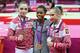 LONDON, ENGLAND - AUGUST 02: Bronze medalist Aliya Mustafina of Russia, gold medalist Gabrielle Douglas of the United States and silver medalist Victoria Komova of Russia pose after the medal ceremony in the Artistic Gymnastics Women's Individual All-Around final on Day 6 of the London 2012 Olympic Games at North Greenwich Arena on August 2, 2012 in London, England. (Photo by Streeter Lecka/Getty Images)