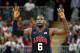 LONDON, ENGLAND - AUGUST 04: Lebron James #6 of United States reacts after making a three point shot against Lithuania during the Men's Basketball Preliminary Round match on Day 8 of the London 2012 Olympic Games at the Basketball Arena on August 4, 2012 in London, England. (Photo by Christian Petersen/Getty Images)