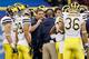 NEW ORLEANS, LA - JANUARY 03: Head coach Brady Hoke of the Michigan Wolverines talks with his players against the Virginia Tech Hokies during the Allstate Sugar Bowl at Mercedes-Benz Superdome on January 3, 2012 in New Orleans, Louisiana. (Photo by Kevin C. Cox/Getty Images)