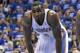 OKLAHOMA CITY, OK - MAY 16: Kendrick Perkins #5 of the Oklahoma City Thunder and Andrew Bynum #17 of the Los Angeles Lakers wait for a free throw in Game Two of the Western Conference Semifinals during the 2012 NBA Playoffs on May 16, 2012 at the Chesapeake Energy Arena in Oklahoma City, Oklahoma. The Thunder beat the Lakers 77-75. NOTE TO USER: User expressly acknowledges and agrees that, by downloading and or using the photograph, User is consenting to the terms and conditions of the Getty Images License Agreement. (Photo by Brett Deering/Getty Images)