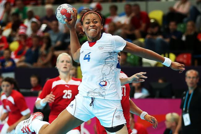 France's left back Signate Mariama loads up a shot against Denmark.
