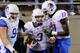 LAS VEGAS, NV - NOVEMBER 05: (L-R) Byron Hout #94, Chris Potter #3 and Geraldo Boldewijn #17 of the Boise State Broncos celebrate what they thought was a touchdown by Potter on a play that was called back on a Boise State penalty during their 48-21 win over the UNLV Rebels at Sam Boyd Stadium November 5, 2011 in Las Vegas, Nevada. (Photo by Ethan Miller/Getty Images)