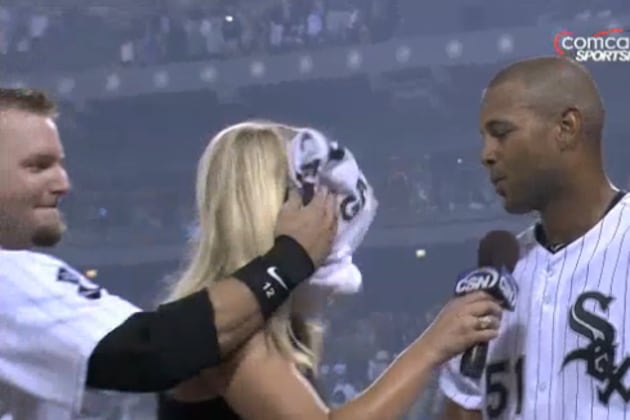 AJ Pierzynski Smacks Sarah Kustok in Face with Pie After White Sox Win