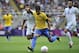 NEWCASTLE, UNITED KINGDOM - AUGUST 4: Neymar of Brazil battles for the ball during the Men's Football Quarter Final match between Brazil and Honduras, on Day 8 of the London 2012 Olympic Games at St James' Park on August 4, 2012 in Newcastle, England. (Photo by Francis Bompard/Getty Images)