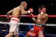 LAS VEGAS - NOVEMBER 14: (L-R) Miguel Cotto of Puerto Rico throws a right to the head of Manny Pacquiao during their WBO welterweight title fight at the MGM Grand Garden Arena on November 14, 2009 in Las Vegas, Nevada. (Photo by Al Bello/Getty Images)
