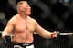 LAS VEGAS - JULY 11: Brock Lesnar reacts after knocking out Frank Mir during their heavyweight title bout during UFC 100 on July 11, 2009 in Las Vegas, Nevada. (Photo by Jon Kopaloff/Getty Images)