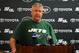 July 28, 2012; Cortland, NY, USA; New York Jets head coach Rex Ryan speaks with the media following the second day of training camp at SUNY Cortland. Mandatory Credit: Rich Barnes-US PRESSWIRE