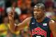 LONDON, ENGLAND - AUGUST 06: Kevin Durant #5 of United States reacts during the Men's Basketball Preliminary Round match on Day 10 of the London 2012 Olympic Games at the Basketball Arena on August 6, 2012 in London, England. (Photo by Christian Petersen/Getty Images)