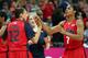 LONDON, ENGLAND - AUGUST 05: Maya Moore #7 of United States high fives Diana Taurasi #12 after defeating China in the Women's Basketball Preliminary Round match on Day 9 of the London 2012 Olympic Games at the Basketball Arena on August 5, 2012 in London, England. (Photo by Christian Petersen/Getty Images)