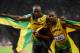 LONDON, ENGLAND - AUGUST 05: Gold medalist Usain Bolt of Jamaica (L) celebrates with silver medalist Yohan Blake of Jamaica (R) after winning the Men's 100m Final on Day 9 of the London 2012 Olympic Games at the Olympic Stadium on August 5, 2012 in London, England. (Photo by Julia Vynokurova/Getty Images)