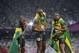 Aug 9, 2012; London, United Kingdom; Usain Bolt (JAM), Yohan Blake (JAM) and Warren Weir (JAM) celebrate after winning the gold, silver and bronze respectively in the men's 200m final during the London 2012 Olympic Games at Olympic Stadium. Mandatory Credit: Robert Deutsch-USA TODAY Sports