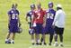 Jun 19, 2012; Eden Prairie, MN, USA; Minnesota Vikings quarterback Christian Ponder (7) gets ready to practice at Vikings Minicamp with tight end Allen Reisner (83) and tight end Rhett Ellison (40) and tight end Kyle Rudolph (82) at Winter Park. Mandatory Credit: Bruce Kluckhohn-US PRESSWIRE