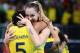 LONDON, ENGLAND - AUGUST 09: Thaisa Menezes #6 and Adenizia Silva #5 of Brazil celebrate the win over Japan during the Women's Volleyball semifinal match on Day 13 of the London 2012 Olympics Games at Earls Court on August 9, 2012 in London, England. (Photo by Elsa/Getty Images)