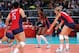 LONDON, ENGLAND - AUGUST 09: Destinee Hooker #19, Tamari Miyashiro #5, Logan Tom #15 and Jordan Larson #10 of United States celebrates after defeating Korea in the Women's Volleyball semifinal match on Day 13 of the London 2012 Olympics Games at Earls Court on August 9, 2012 in London, England. (Photo by Elsa/Getty Images)