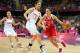 LONDON, ENGLAND - AUGUST 07: Evgeniya Belyakova #5 of Russia handles the ball under pressure from Nevriye Yilmaz #11 of Turkey during the Women's Basketball quaterfinal on Day 11 of the London 2012 Olympic Games at the Basketball Arena on August 7, 2012 in London, England. (Photo by Christian Petersen/Getty Images)