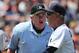 DETROIT, MI - AUGUST 05: Home plate umpire Joe West and Detroit Tigers manager Jim Leyland #10 argue during the second inning over a close call at first base during the game against the Cleveland Indians at Comerica Park on August 5, 2012 in Detroit, Michigan. (Photo by Leon Halip/Getty Images)