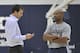 Dec 9, 2011; Independence, OH, USA; Cleveland Cavaliers general manager Chris Grant (left) talks with head coach Byron Scott during the team's first practice at Cleveland Clinic Courts. Mandatory Credit: David Richard-US PRESSWIRE