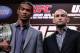 DENVER—AUGUST 9: (L-R) Opponents Benson Henderson and Frankie Edgar pose for photos during the UFC 150 press conference at the Fillmore Auditorium on Aug. 9, 2012, in Denver. (Photo by Josh Hedges/Zuffa LLC/Zuffa LLC via Getty Images)