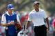 KIAWAH ISLAND, SC - AUGUST 11: Tiger Woods of the United States (R) and his caddie Joe LaCava look on from the second hole during Round Three of the 94th PGA Championship at the Ocean Course on August 11, 2012 in Kiawah Island, South Carolina. (Photo by Sam Greenwood/Getty Images)