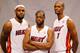 MIAMI, FL - DECEMBER 12: LeBron James #6, Dwyane Wade #3, and Chris Bosh #1 of the Miami Heat poses during media day at American Airlines Arena on December 12, 2011 in Miami, Florida. (Photo by Mike Ehrmann/Getty Images)