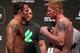 DENVER, CO - AUGUST 10: (L-R) Opponents Jake Shields and Ed Herman face off during the UFC 150 weigh in at Pepsi Center on August 10, 2012 in Denver, Colorado. (Photo by Josh Hedges/Zuffa LLC/Zuffa LLC via Getty Images)