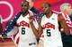 LONDON, ENGLAND - AUGUST 12: Team mates LeBron James #6 of the United States and Kevin Durant #5 of the United States celebrate winning the Men's Basketball gold medal game between the United States and Spain on Day 16 of the London 2012 Olympics Games at North Greenwich Arena on August 12, 2012 in London, England. The United States won the match 107-100. (Photo by Streeter Lecka/Getty Images)