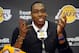 August 10, 2012; El Segundo, CA, USA; Los Angeles Lakers center Dwight Howard talks to the media during the press conference held to introduce the three-time defensive player of the year who was aquired in a four-team trade from the Orlando Magic. Mandatory Credit: Jayne Kamin-Oncea-US PRESSWIRE