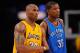 LOS ANGELES, CA - APRIL 27: Kobe Bryant #24 of the Los Angeles Lakers stands next to Kevin Durant #35 of the Oklahoma City Thunder during Game Two of the Western Conference Quarterfinals of the 2010 NBA Playoffs at Staples Center on April 27, 2010 in Los Angeles, California. (Photo by Kevork Djansezian/Getty Images)