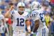 August 12, 2012; Indianapolis, IN USA; Indianapolis Colts quarterback Andrew Luck (12) talks to Indianapolis Colts tight end Dwayne Allen (83) during the second quarter of play against the St. Louis Rams in Lucas Oil Stadium. Mandatory Credit: Jamie Rhodes-US PRESSWIRE