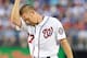 WASHINGTON, DC - JULY 31: Stephen Strasburg #37 of the Washington Nationals wipes his brow during the third inning of the game against the Philadelphia Phillies at Nationals Park on July 31, 2012 in Washington, DC. Philadelphia won the game 8-0. (Photo by Greg Fiume/Getty Images)