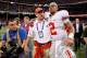 NEW ORLEANS, LA - JANUARY 04: (M) Quarterback Terrelle Pryor #2 of the Ohio State Buckeyes is helped off the field by a member of the Buckeyes support team after the Buckeyes 31-26 victory against the Arkansas Razorbacks during the Allstate Sugar Bowl at the Louisiana Superdome on January 4, 2011 in New Orleans, Louisiana. (Photo by Kevin C. Cox/Getty Images)