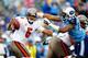NASHVILLE, TN - NOVEMBER 27: Jason Jones #91 of the Tennessee Titans pressures quarterback Josh Freeman #5 of the Tampa Bay Buccaneers during play at LP Field on November 27, 2011 in Nashville, Tennessee. (Photo by Grant Halverson/Getty Images)