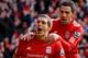 LIVERPOOL, ENGLAND - JANUARY 28: Daniel Agger of Liverpool celebrates scoring the opening goal with Maxi (R) during the FA Cup Fourth Round match between Liverpool and Manchester United at Anfield on January 28, 2012 in Liverpool, England. (Photo by Alex Livesey/Getty Images)