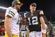 August 13, 2011; Cleveland, OH, USA; Cleveland Browns quarterback Colt McCoy (12) and Green Bay Packers quarterback Aaron Rodgers (12) talk after the game the game at Cleveland Browns Stadium. The Browns won 27-17. Mandatory Credit: Eric P. Mull-US PRESSWIRE