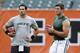 CINCINNATI, OH - AUGUST 10: Tim Tebow #15 and Mark Sanchez #6 of the New York Jets warm up before a preseason NFL game against the Cincinnati Bengals at Paul Brown Stadium on August 10, 2012 in Cincinnati, Ohio. (Photo by Joe Robbins/Getty Images)