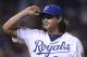 KANSAS CITY, MO - AUGUST 01: Starting pitcher Luis Mendoza #39 of the Kansas City Royals tips his hat to the crowd as he leaves a game against the Cleveland Indians in the eighth inning at Kauffman Stadium on August 1, 2012 in Kansas City, Missouri. (Photo by Ed Zurga/Getty Images)